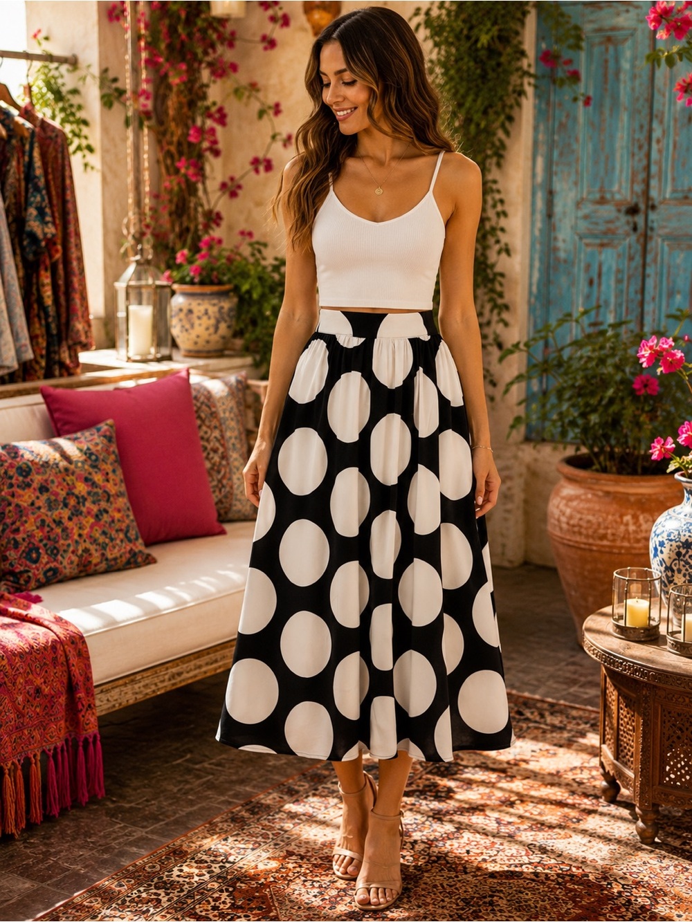 ModCloth Black And White Polka Dot A-Line Skirt Size XS Retro Flare